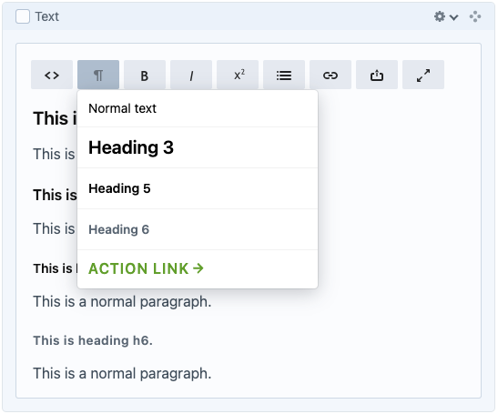 Screenshot that shows how to access the heading style in the CMS.